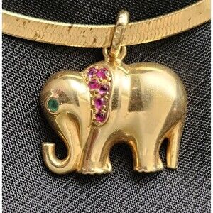 Elephant 11g Solid 18k Gold OOAK Ruby Emerald Eye Necklace Custom Korea Vtg